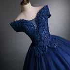 Beautiful Navy Blue Appliques Beaded Ball Gown Off The Shoulder Evening Dress Y7677 by simplepromdress