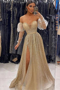 Sequins Champagne V-Neck Evening Dress with Front Split and Long Sleeves by BIZTUNNEL