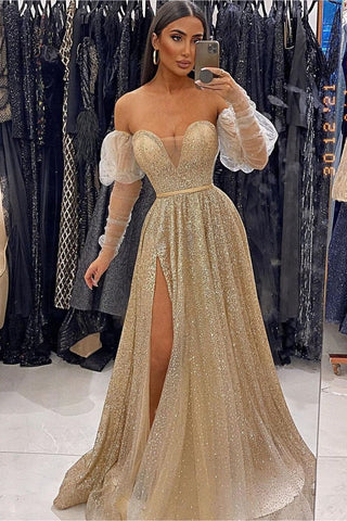 Champagnerfarbenes Abendkleid mit Pailletten, V-Ausschnitt, Schlitz vorne und langen Ärmeln