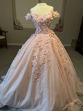 Glitter Pink Off The Shoulder Prom Dress Tulle Appliques Ball Gown Quinceanera Dress Y7569 by simplepromdress