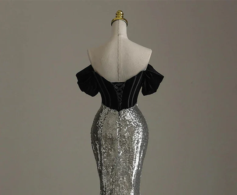 Chic Silver Mermaid Sequins Off the Shoulder Beading Prom Dress Evening Dress Y7613 by simplepromdress