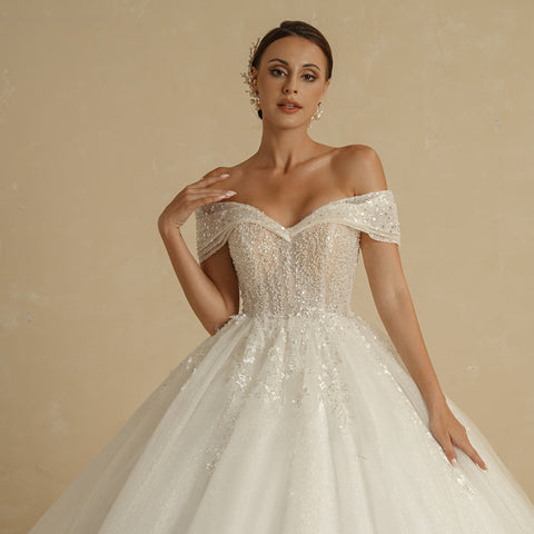 Ivory Beading Princess Wedding Dresses For Bride Off The Shoulder Sleeveless Women Glitter Ball Bridal Gown Robes