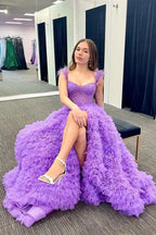 Ingrid |A Line Sweetheart Tiered Tulle Long Prom Dress With Slit by KissProm