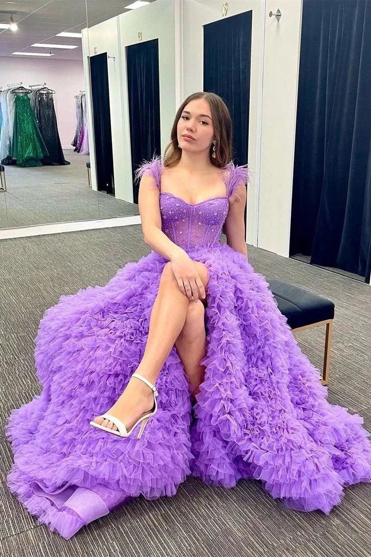 Ingrid |A Line Sweetheart Tiered Tulle Long Prom Dress With Slit by KissProm