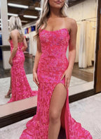 Fuchsia Strapless Sequins Lace Mermaid Prom Dresses with Slit by Kissprom