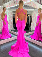 Angela |Mermaid Pink V Neck Backless Satin Long Prom Dress by KissProm