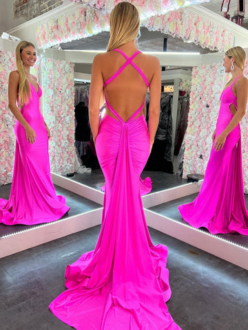Angela | Langes, rückenfreies Ballkleid aus Satin im Meerjungfrauen-Stil mit V-Ausschnitt in Rosa