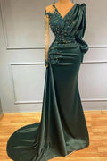 Dark Green Long Sleeves Mermaid V-Neck Satin Beadings Evening Prom Dress by BIZTUNNEL