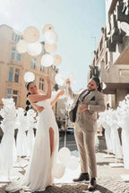 Obsessing Long White One Shoulder Sleeveless Beading Wedding Dress with Slit by misshow.com