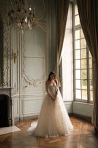 White Sparkly Beaded Corset Tulle Wedding Gown with Long Train SW746