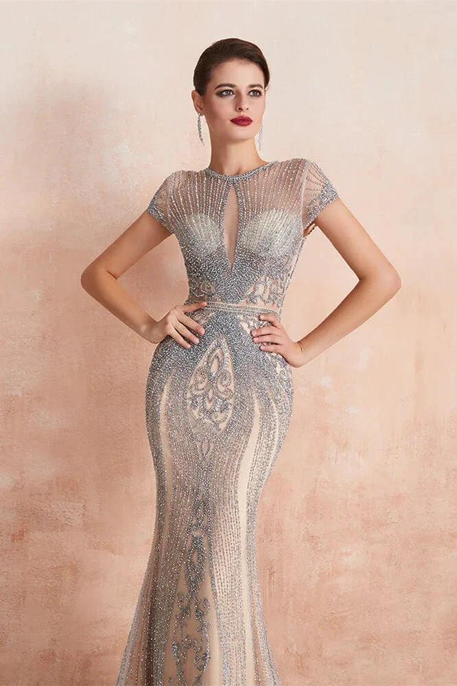 Glamorous Mermaid Beadings Long Prom Dress With Short Sleeves by BIZTUNNEL