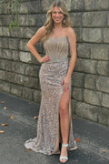 Marisela | Champagne Sequin Beaded Strapless Long Prom Dress with Slit by KissProm