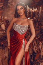 Burgundy Long A-line Strapless Satin Beads Prom Dress with Slit by BIZTUNNEL
