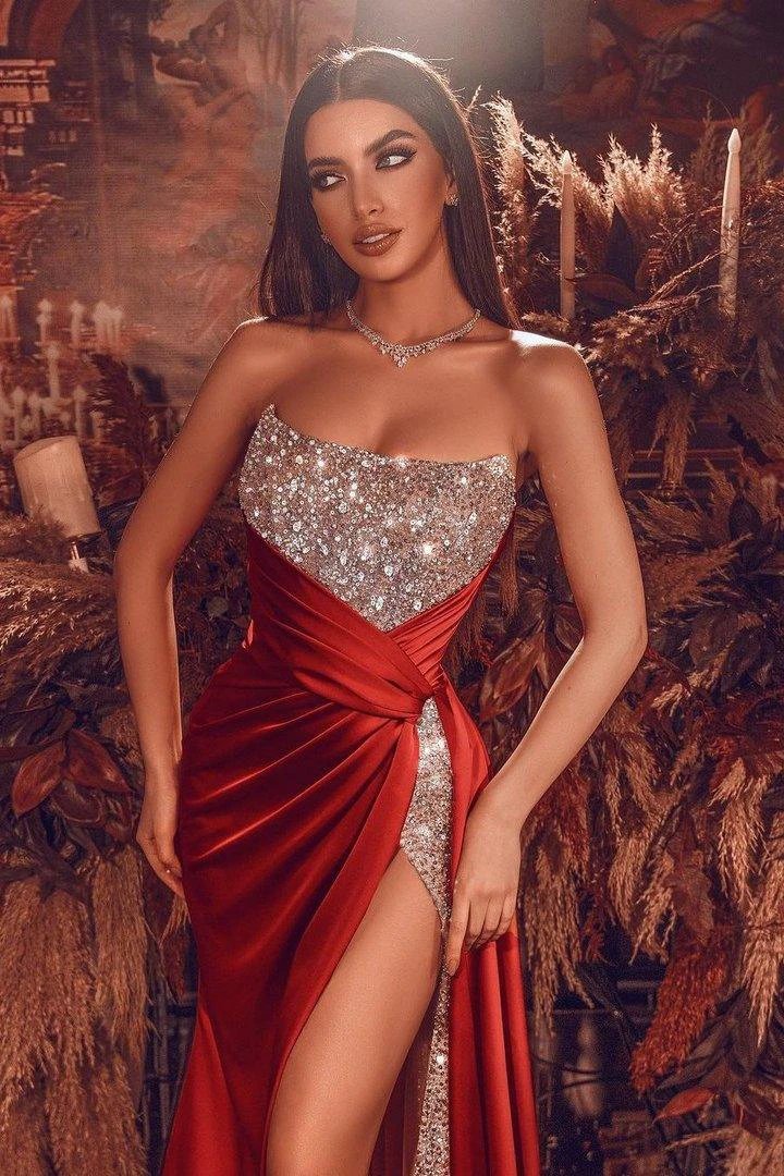 Burgundy Long A-line Strapless Satin Beads Prom Dress with Slit by BIZTUNNEL