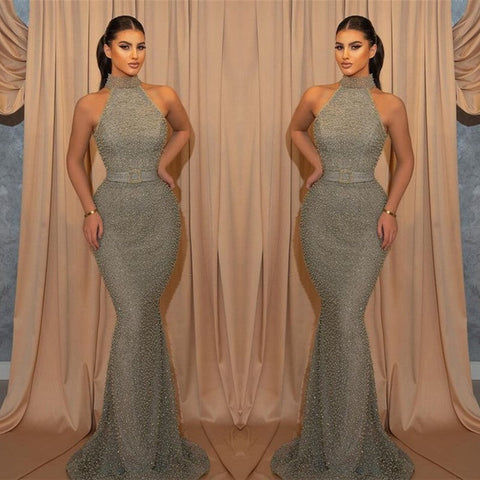 Long Halter Mermaid Sleeveless Evening Prom Dress