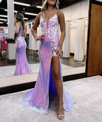 Mermaid Glitter Lavender Floral Long Prom Dress with Slit by KissProm