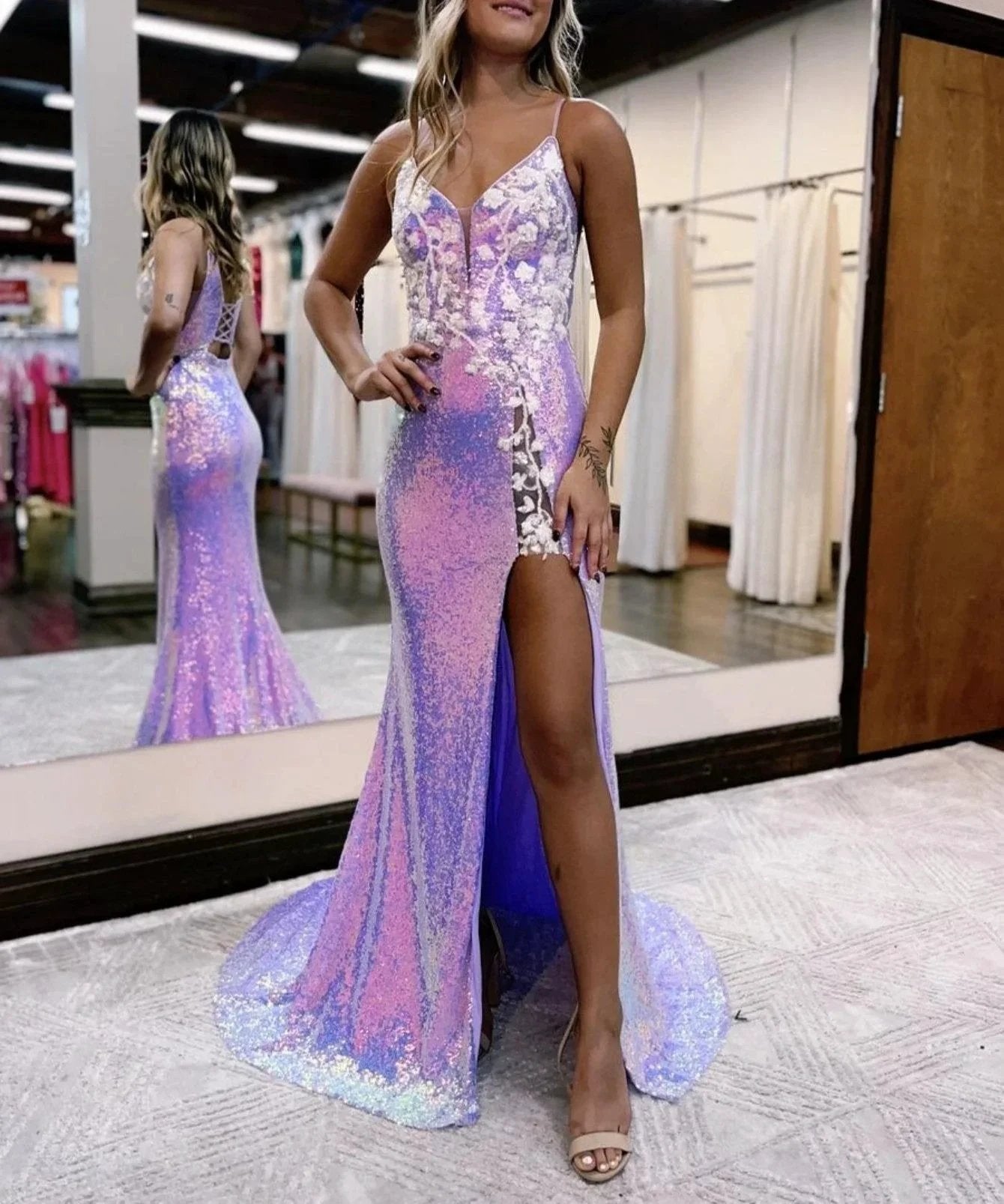 Mermaid Glitter Lavender Floral Long Prom Dress with Slit by KissProm