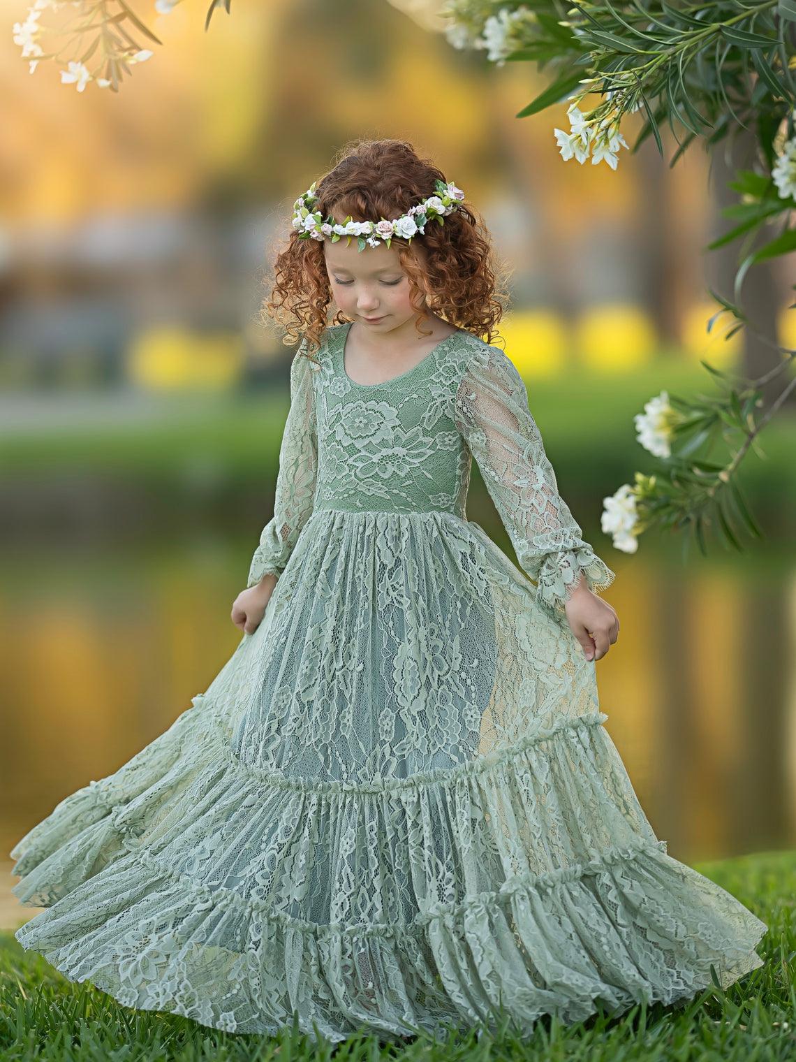 Lace Ankle-length Sage Green Boho Flower Girl Dress - photo 4