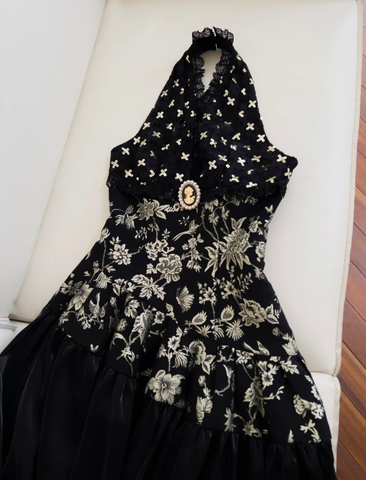 Elegant Black Halter Satin Print Floral Sequins Evening Dress Long ALine Prom Dress Y8568