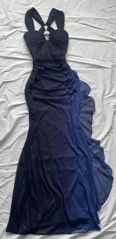 Vestido de noche largo de gasa azul marino con degradado uva, sin espalda, para fiesta y graduación, Y7483