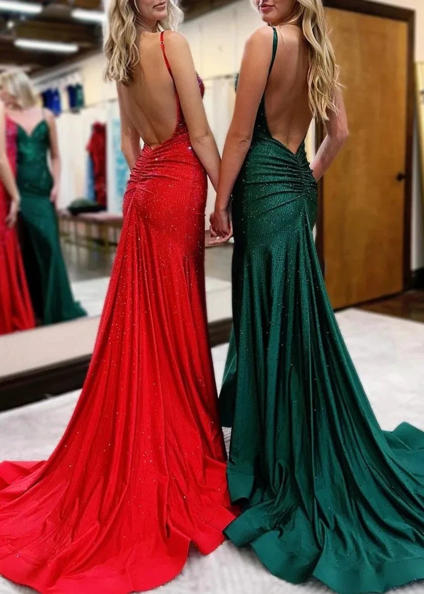 Royal Blue Beaded V Neck Mermaid Long Prom Dresses with Slit by KissProm