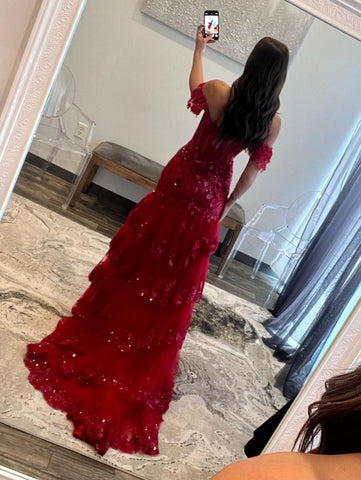 Kennedy |Etuikleid mit schulterfreiem, langem Spitzen-Ballkleid (Rücken mit Schnürung)
