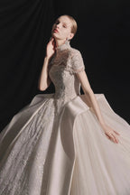 Regal High-Neck Ball Gown Beaded Mesh Capelet Satin Panel Wedding Dress with Embroidered Train Q6005 by ZAPDRESS