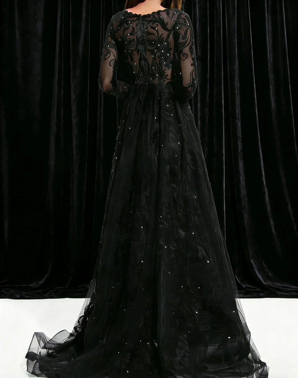 Black Lace Embroidery Long Sleeve Evening Gown V Neck Tulle Train Formal Dress by ZAPDRESS