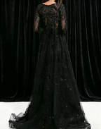 Black Lace Embroidery Long Sleeve Evening Gown V Neck Tulle Train Formal Dress by ZAPDRESS