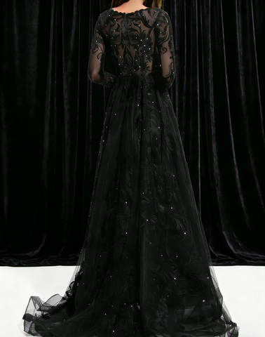 Black Lace Embroidery Long Sleeve Evening Gown V Neck Tulle Train Formal Dress