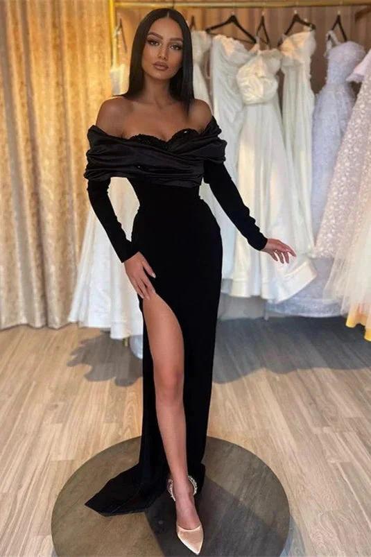 Strapless Sleek Black Mermaid Prom Dress with Long Sleeves and Stylish Slit by BIZTUNNEL