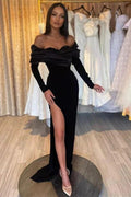 Strapless Sleek Black Mermaid Prom Dress with Long Sleeves and Stylish Slit by BIZTUNNEL