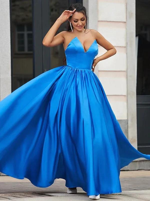 Regal Sapphire A-Line Draped V-Neck Backless Prom Dress by BIZTUNNEL