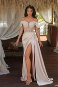 Off The Shoulder Champagne Mermaid Prom Dress with Beadings Split and Ruffles by BIZTUNNEL