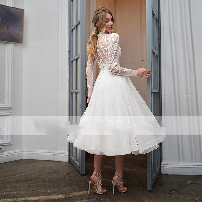 High Collar With Sleeve Luxury Applique Wedding Dress Short Tulle Custom Elegant Tea Length Bride Gown Button Vestidos Main Image