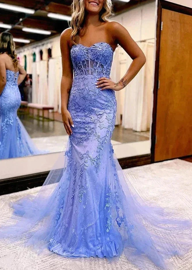 Pink Mermaid Sweetheart Neck Lace Long Prom Dress With Appliques by KissProm