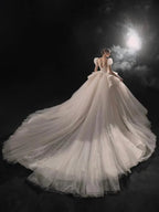 Elegant Sweetheart Ball Gown Lace Puff Sleeve Beaded Embroidery Wedding Dress with Flowing Train E-302 by ZAPDRESS
