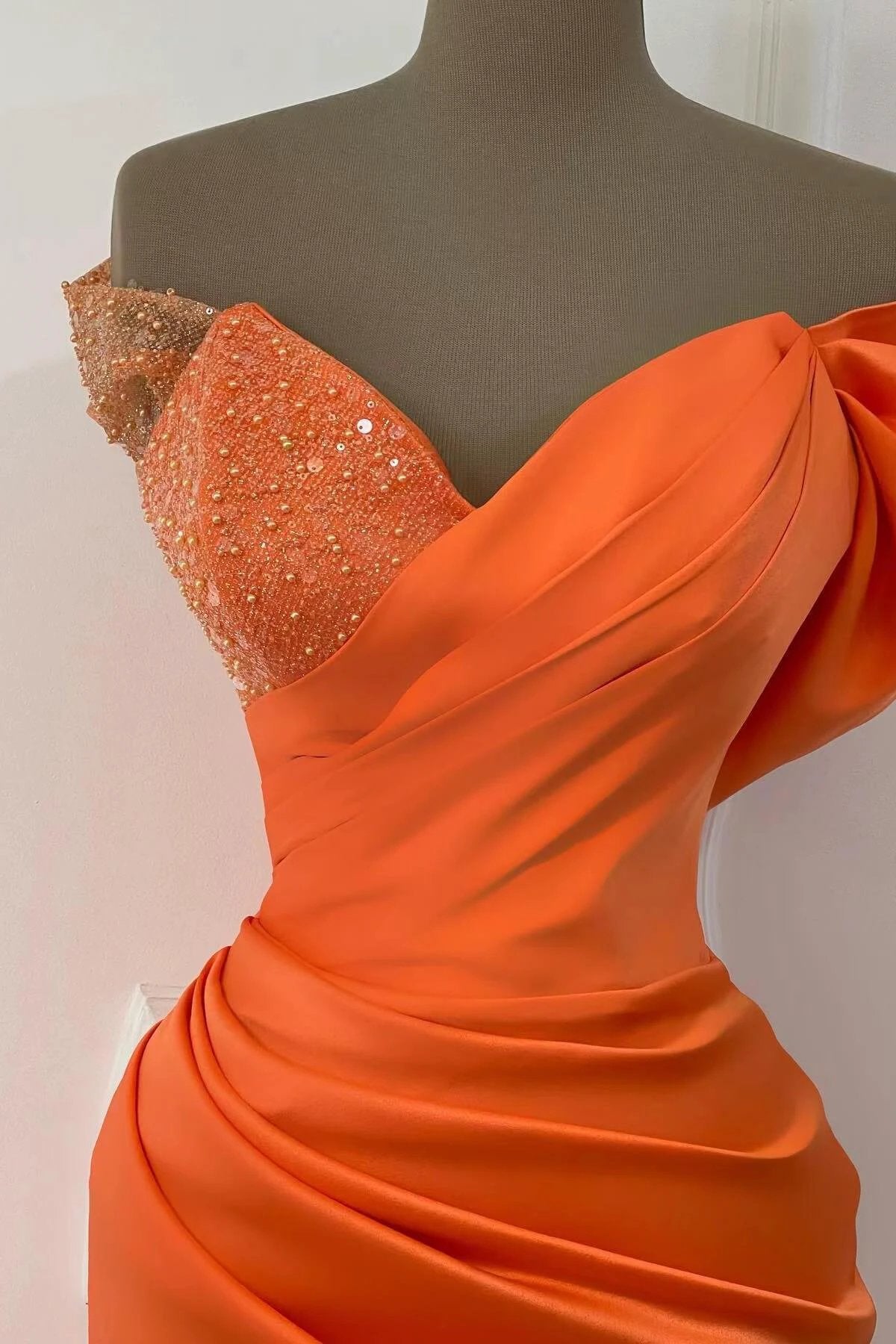 Orange Long Satin Off-The-Shoulder Mermaid Prom Dresses by BIZTUNNEL