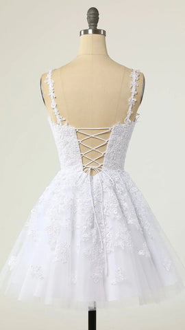 V Neck White Lace Short Homecoming Dresses White Lace Formal Graduation Dresses Y1873