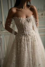 White Sparkly Beaded Corset Tulle Wedding Gown with Long Train SW746