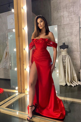 Vestido de fiesta clásico rojo de corte sirena, largo, con volantes y hombros descubiertos y abertura