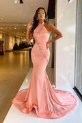 Ravishing Pink Mermaid Prom Gown with Exquisite High Neck Applique by BIZTUNNEL