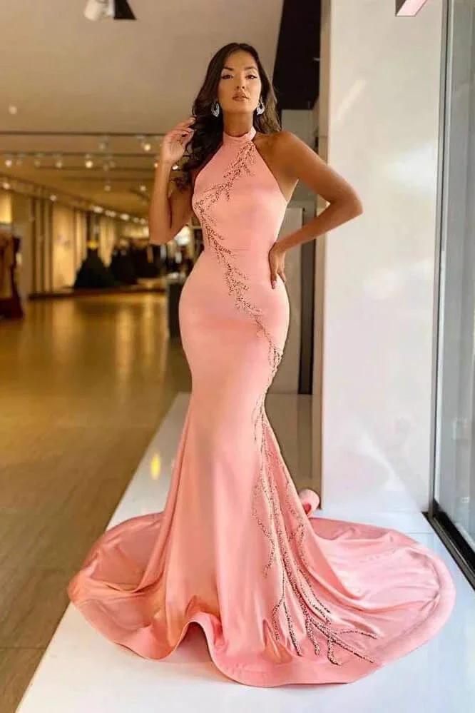 Ravishing Pink Mermaid Prom Gown with Exquisite High Neck Applique by BIZTUNNEL