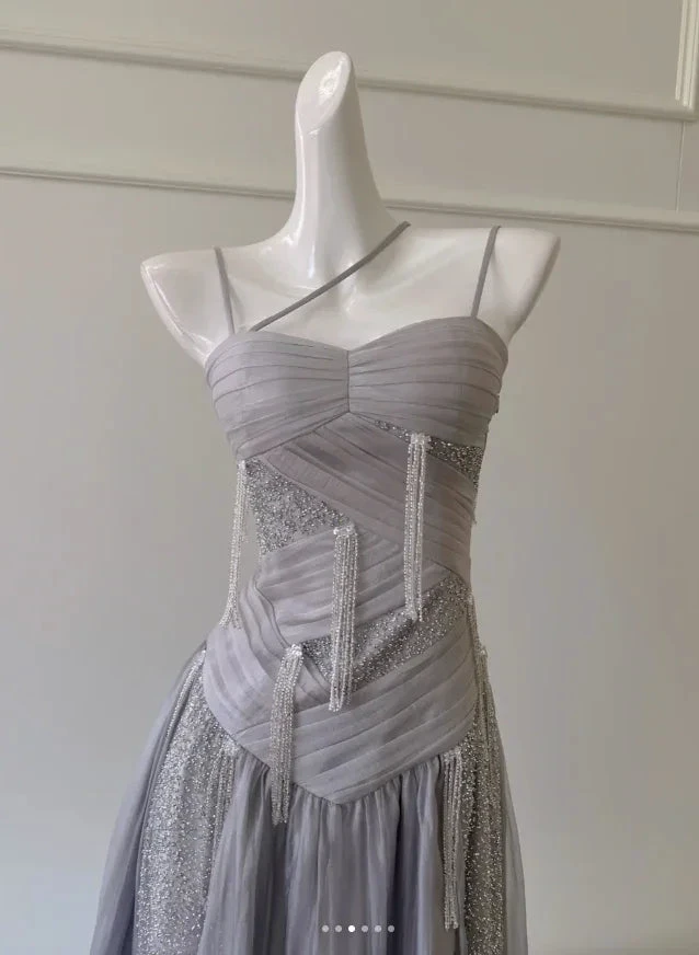 Classy Purple Sequins Tulle Beaded Tassel Prom Dress A Line Evening Dress Y8586 by simplepromdress