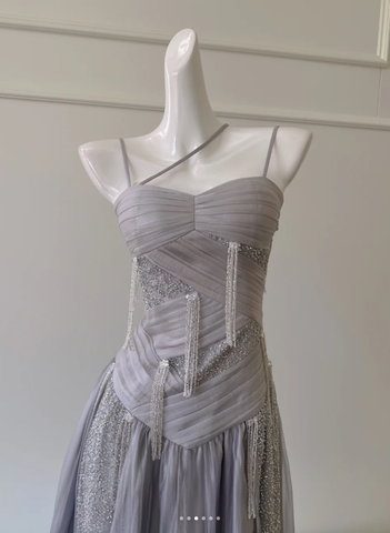 Classy Purple Sequins Tulle Beaded Tassel Prom Dress A Line Evening Dress Y8586