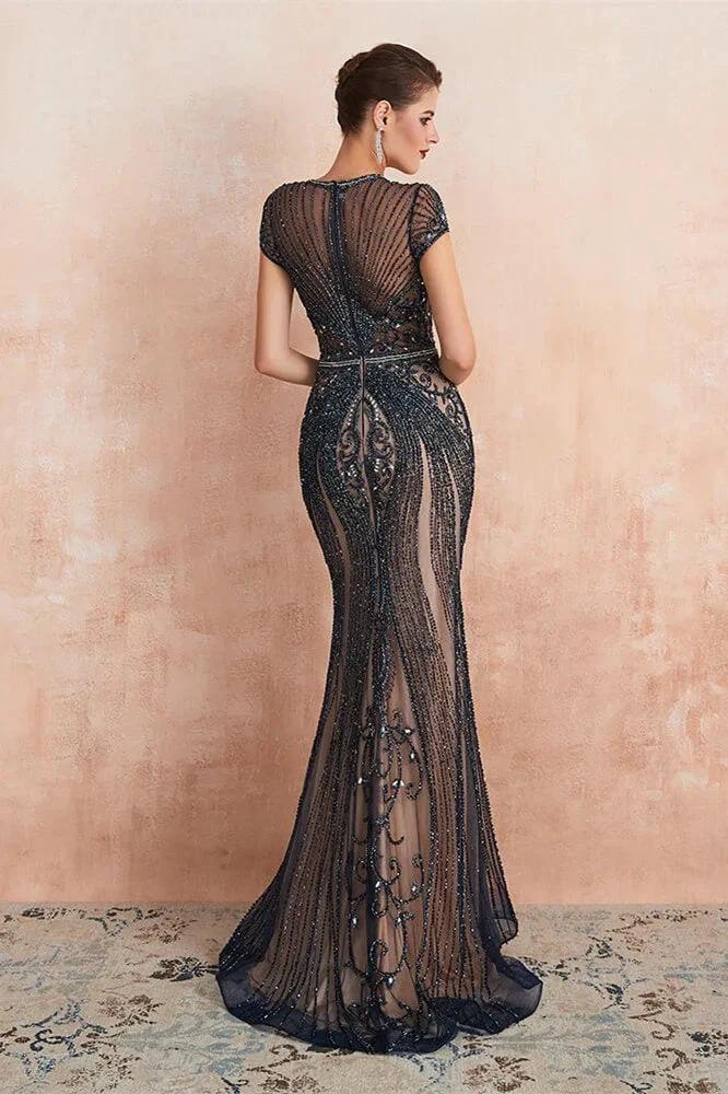 Glamorous Mermaid Beadings Long Prom Dress With Short Sleeves by BIZTUNNEL