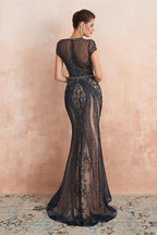 Glamorous Mermaid Beadings Long Prom Dress With Short Sleeves by BIZTUNNEL