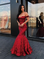 Burgundy Long Mermaid Off the Shoulder Sequins Formal Prom Dress by BIZTUNNEL