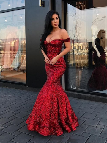 Burgunderrotes, langes, schulterfreies Meerjungfrau-Abschlussballkleid mit Pailletten