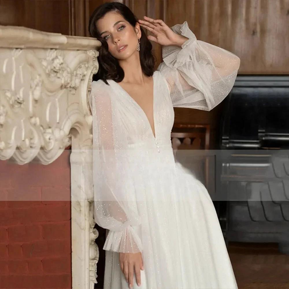 Elegant Glitter Tulle Deep V-Neck Wedding Dresses Princess Shiny Lantern Sleeves Backless A-Line Pleated Bridal Gowns by payinti
